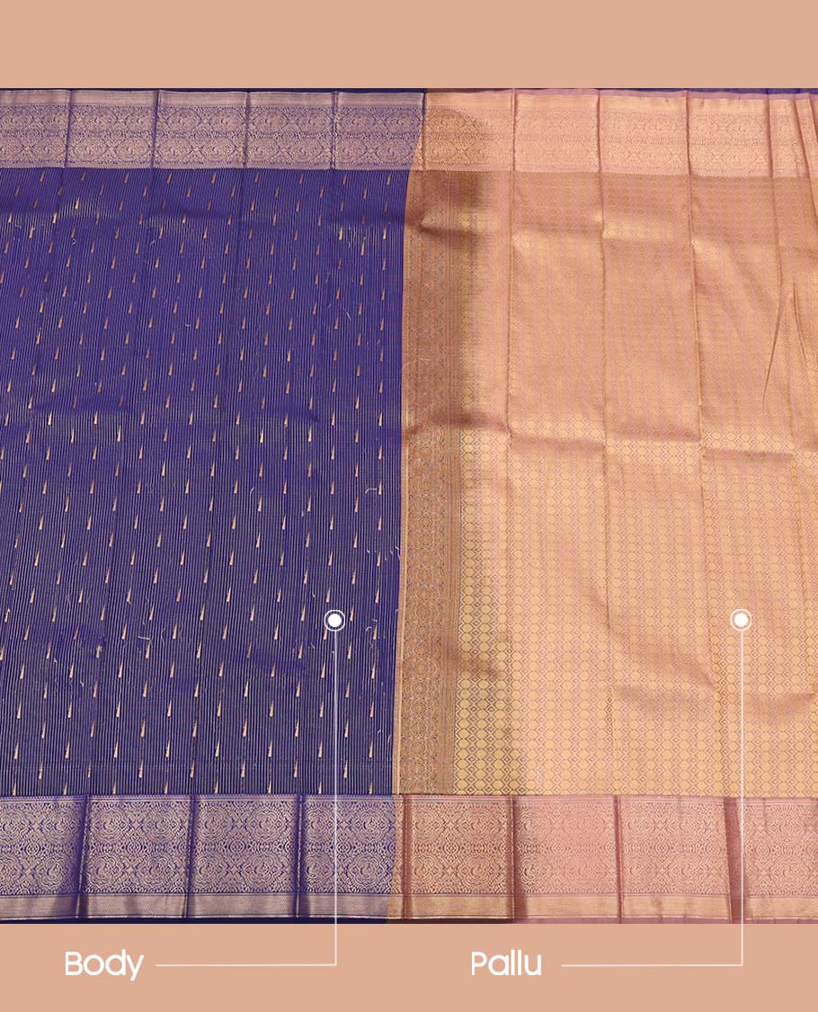 Blue Budget Silk Saree, Adorned with Zari Buttas and Stripes All Over Its Body, Highlighted by Traditional Zari Border, Intricate Pallu and Paired with a Contrast Blouse