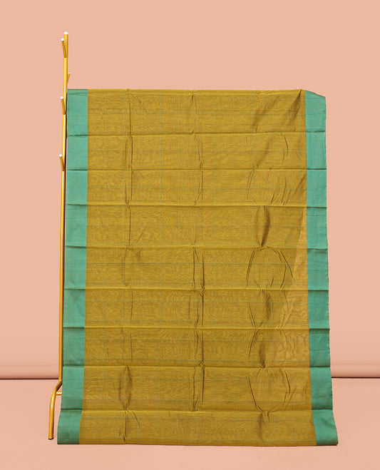 Green Semi-Silk Cotton Saree, Subtly Sparkled with Checks All Over Its Body, Complemented by a Contrast Border, Striped Pallu, and Paired with a Matching Blouse