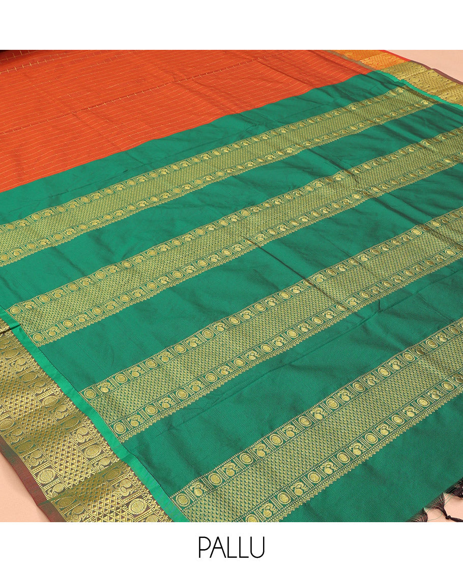 Orange Checked Ten Yard Saree, Highlighted by a Zari Border of Peacock-Chakram and Ara Maadam Designs, Traditional Pallu, and No Blouse