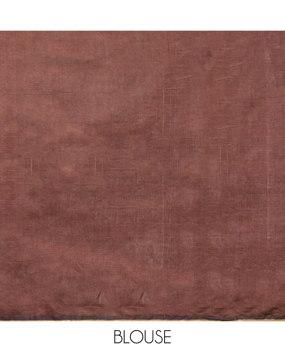 Brown Plain Banana Pith Saree, Subtle Piping Border, Pallu Steeped with Stripes, and Paired with a Matching Blouse
