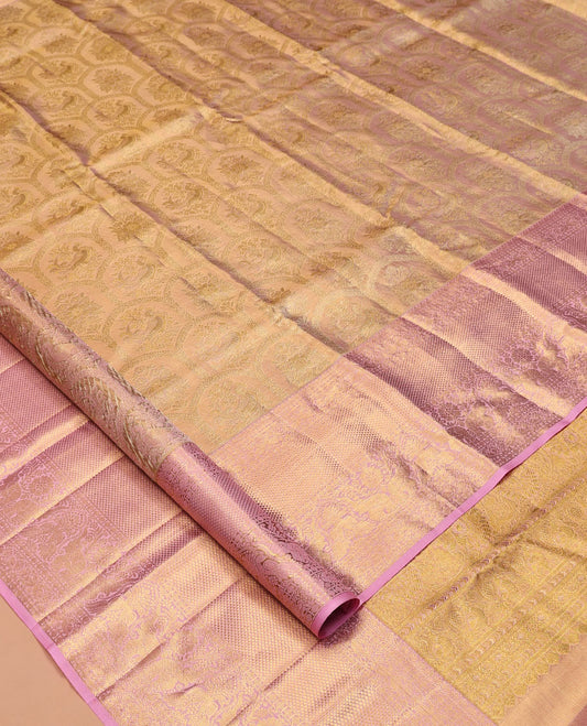 Peach Kanchipuram Tissue Silk Saree, Majestically Detailed with Jacquard Design, a Contrast Border of Neli, Poun, Mayil, Mayil Kann, and Yaanai, Jaal Pallu, and Contrast Blouse