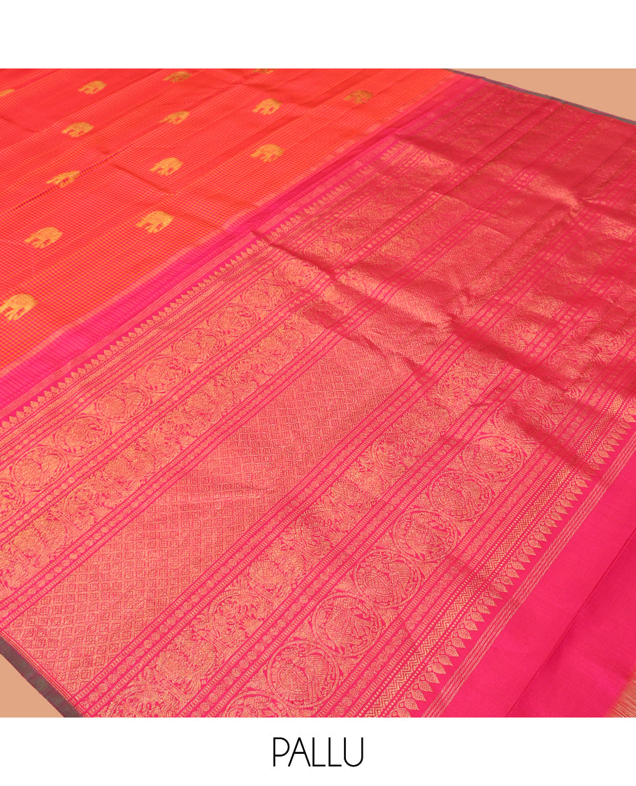 Borderless Orange-Pink Kasa-Kasa Checked Kanchipuram Silk Saree Adorned with Yaanai Buttas, Grand Pallu, and a Matching Blouse