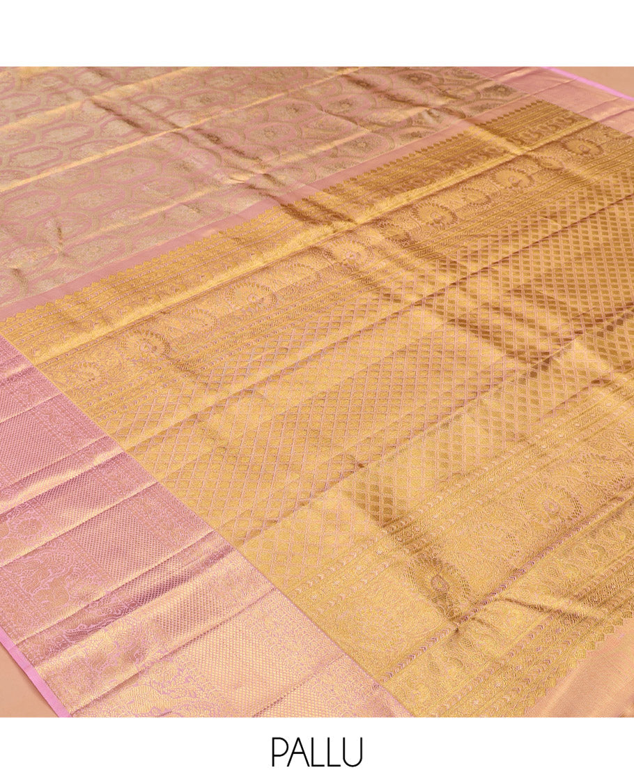Peach Kanchipuram Tissue Silk Saree, Majestically Detailed with Jacquard Design, a Contrast Border of Neli, Poun, Mayil, Mayil Kann, and Yaanai, Jaal Pallu, and Contrast Blouse