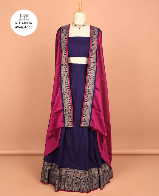 Purple cotton half saree with contrast traditional border , plain  blouse & plain dhavani with zari design border