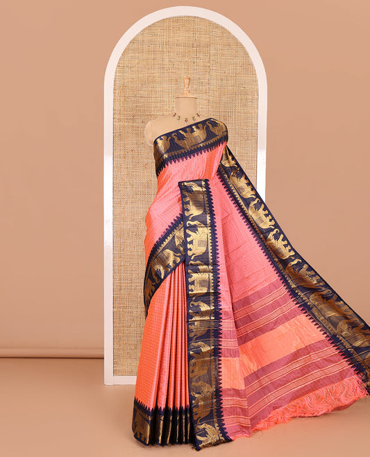 Pink zari checked semi-taffeta saree, contrast satin temple border of elephant motifs, striped pallu, and a contrast striped blouse