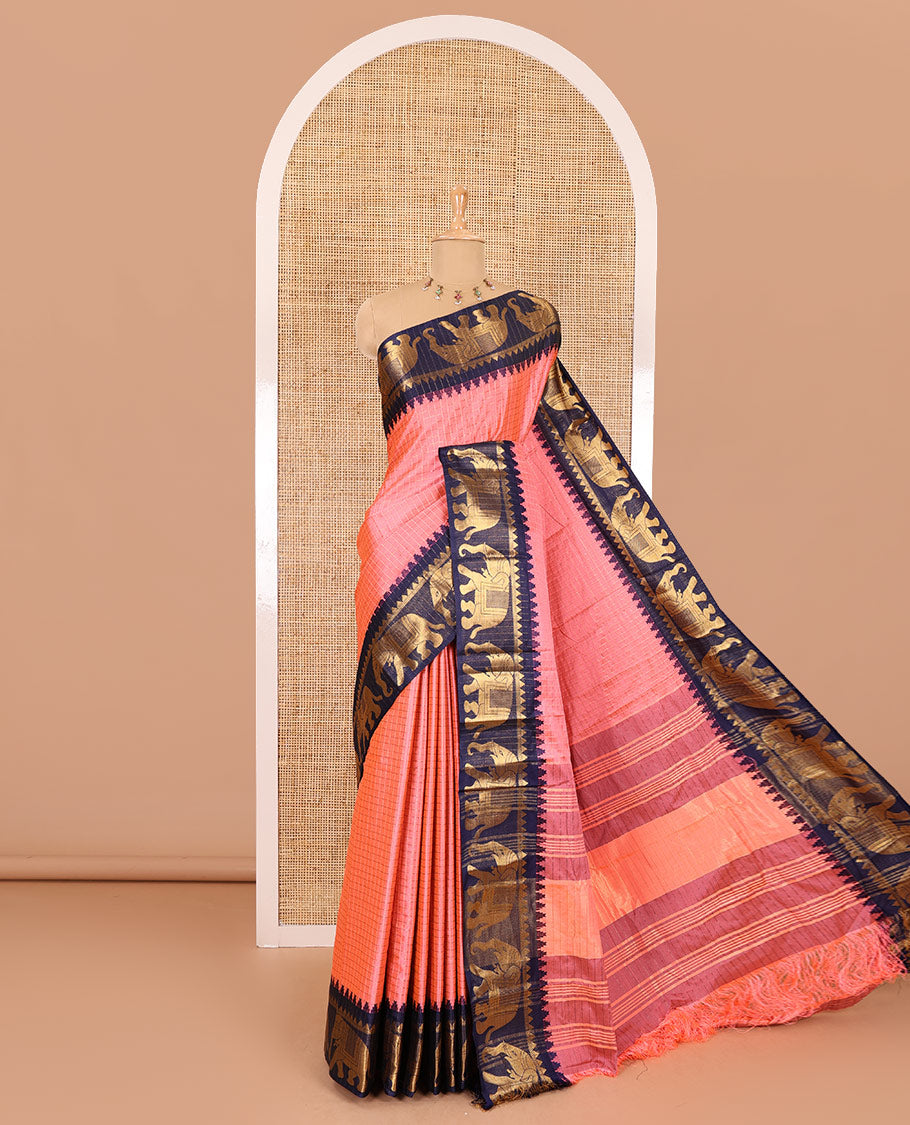 Pink zari checked semi-taffeta saree, contrast satin temple border of elephant motifs, striped pallu, and a contrast striped blouse