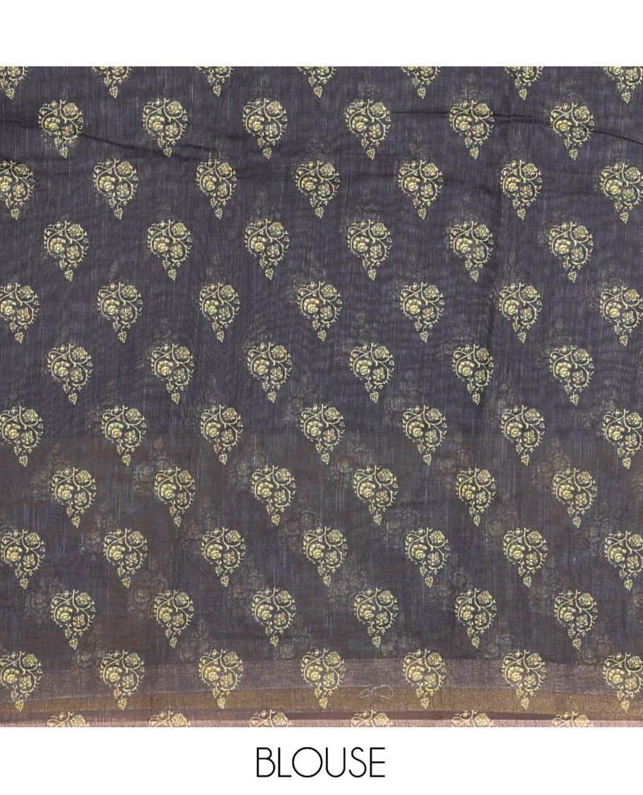 Black Plain Linen Cotton Saree, Complemented by Captivating Contrast Floral Motifs Printed Border, Printed Pallu, and Paired with a Printed Blouse