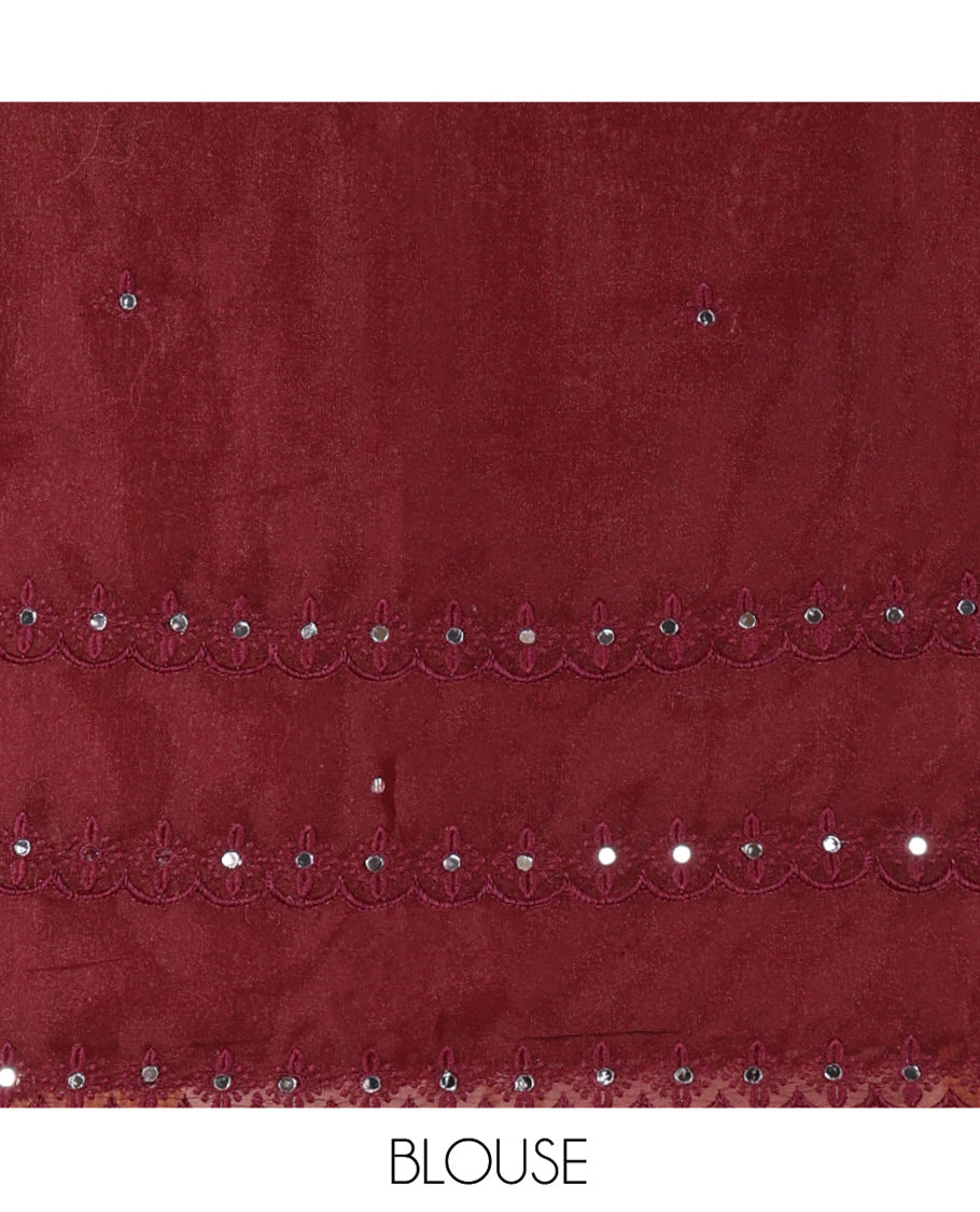 Peach Rangoli Chiffon Saree, Adorned with Thread and Mirror Work Buttas on Its Body, Subtle Scallop Embroidered Border, Embroidered Pallu, and Paired with a Contrast Mirror Work Blouse