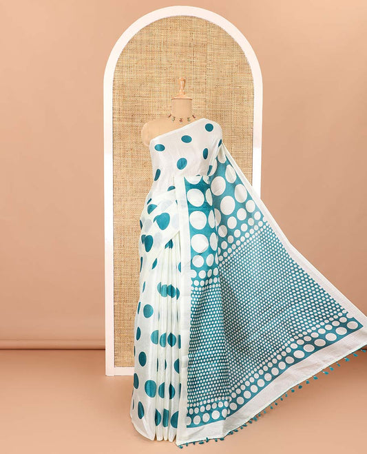 Borderless cream and blue polka dots printed art khadi cotton saree, pallu steeped with polka dots, and a contrast tiny polka dots printed blouse