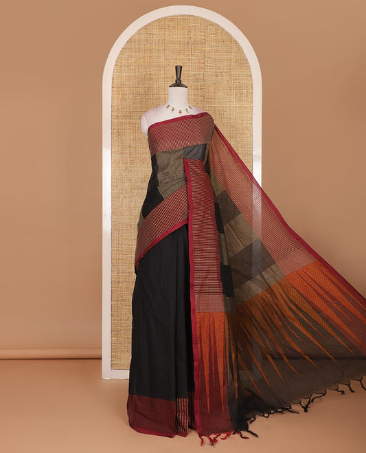 Black thread woven veldhari striped Handloom cotton saree, contrast polka dots thread border, temple pallu, and matching plain blouse