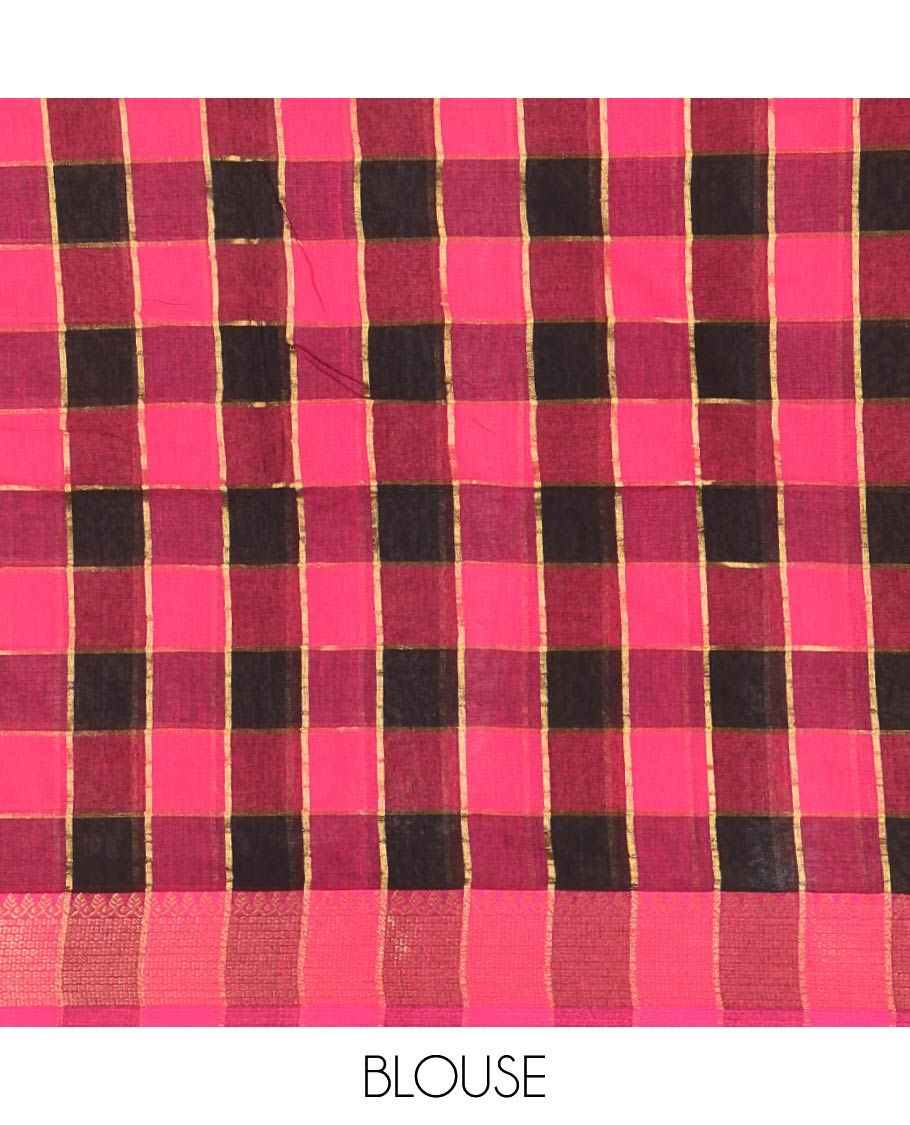 Pink Checked Khadi Mul Cotton Saree, Highlighted by Zari Traditional Border, Zari Checked Pallu, and Paired with a Matching Blouse