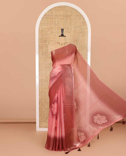 Borderless peach floral motifs printed fendy satin saree with a self-pallu and a matching blouse