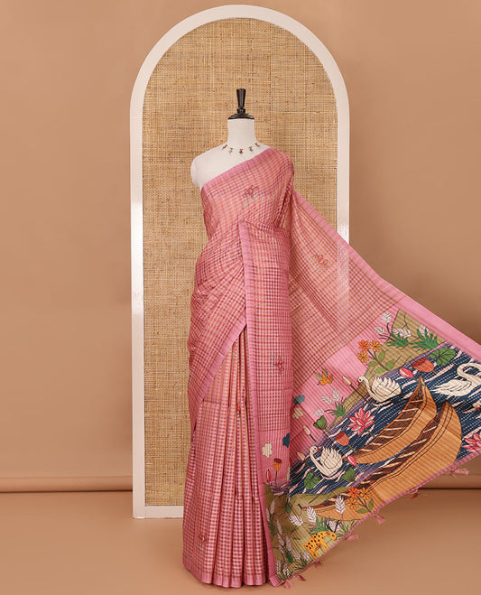 Borderless pink checked & lotus motifs kantha work-style printed fancy tussar saree, painting-style scenery printed pallu & lotus motifs printed blouse