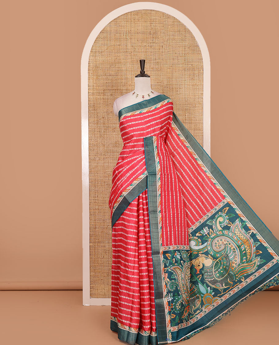 Pink shibori-style printed soft-tussar saree, contrast zari border, kalamkari peacock printed pallu & kalamkari floral vine print contrast blouse