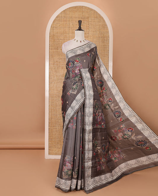 Mauve brown floral print & multi-color floral thread embroidered fancy tussar silk saree, triangle motif print & embroidered border & matching blouse of print & embroidery