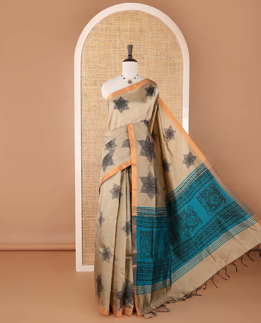 Half-white buttas banarasi jute saree, contrast traditional zari ganga-jamuna-style satin thread border, intricate pallu & plain blue blouse (Copy)