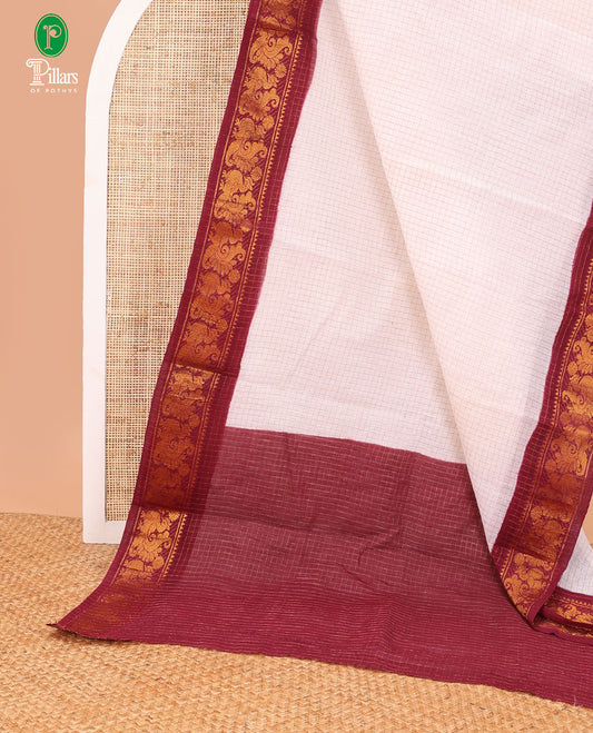 White with maroon gold zari checks sungudi cotton saree, contrast jacquard border & chit lining pallu along with checked design blouse