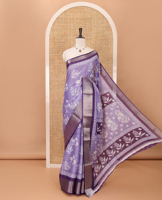 Lavender zari striped & floral printed dola silk saree,contrast zari design border,floral-paisley print pallu, printed-zari-work blouse
