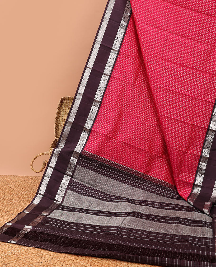 Pink checked kancheepuram silk saree with contrast traditional zari border & intricate jaal zari pallu