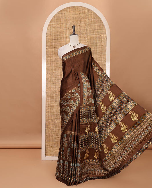 Brown handblock-style dots & floral digital printed skirt-border gajji silk saree, floral-geometric print pallu & matching chevron printed blouse