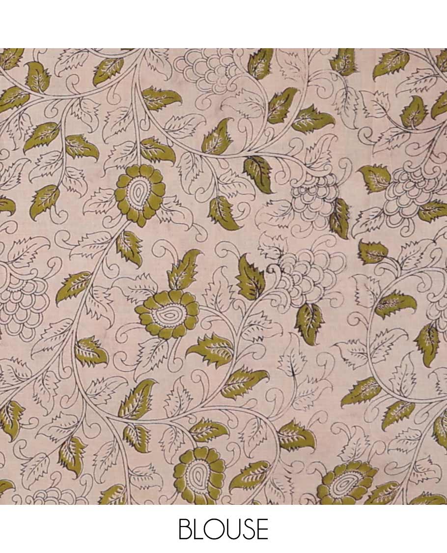 Black floral vine machine printed kalamkari cotton saree with contrast unique design border & animal design pallu