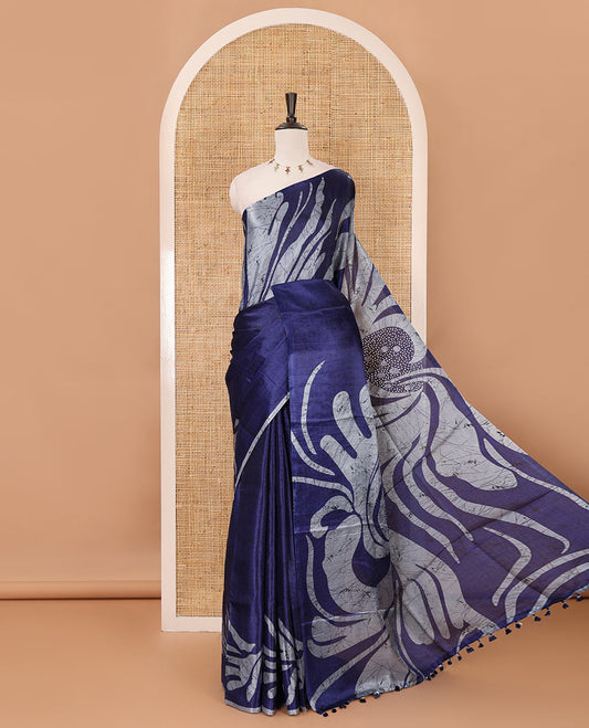 Borderless Navy blue batik-style abstract vines printed khadi cotton saree, matching plain blouse