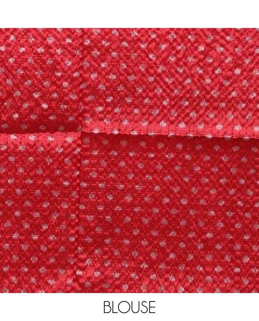 White ikat-style printed Litchi crushed saree, contrast red ikat border, pallu of ikat chevron & dots & ikat printed blouse