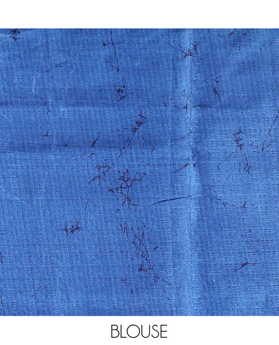 Borderless Cream and Blue Art Khadi Cotton Saree, Crafted with Batik Print-Style Vines Print on Its Body, Self-Pallu of Batik Print, and Paired with a Printed Blouse