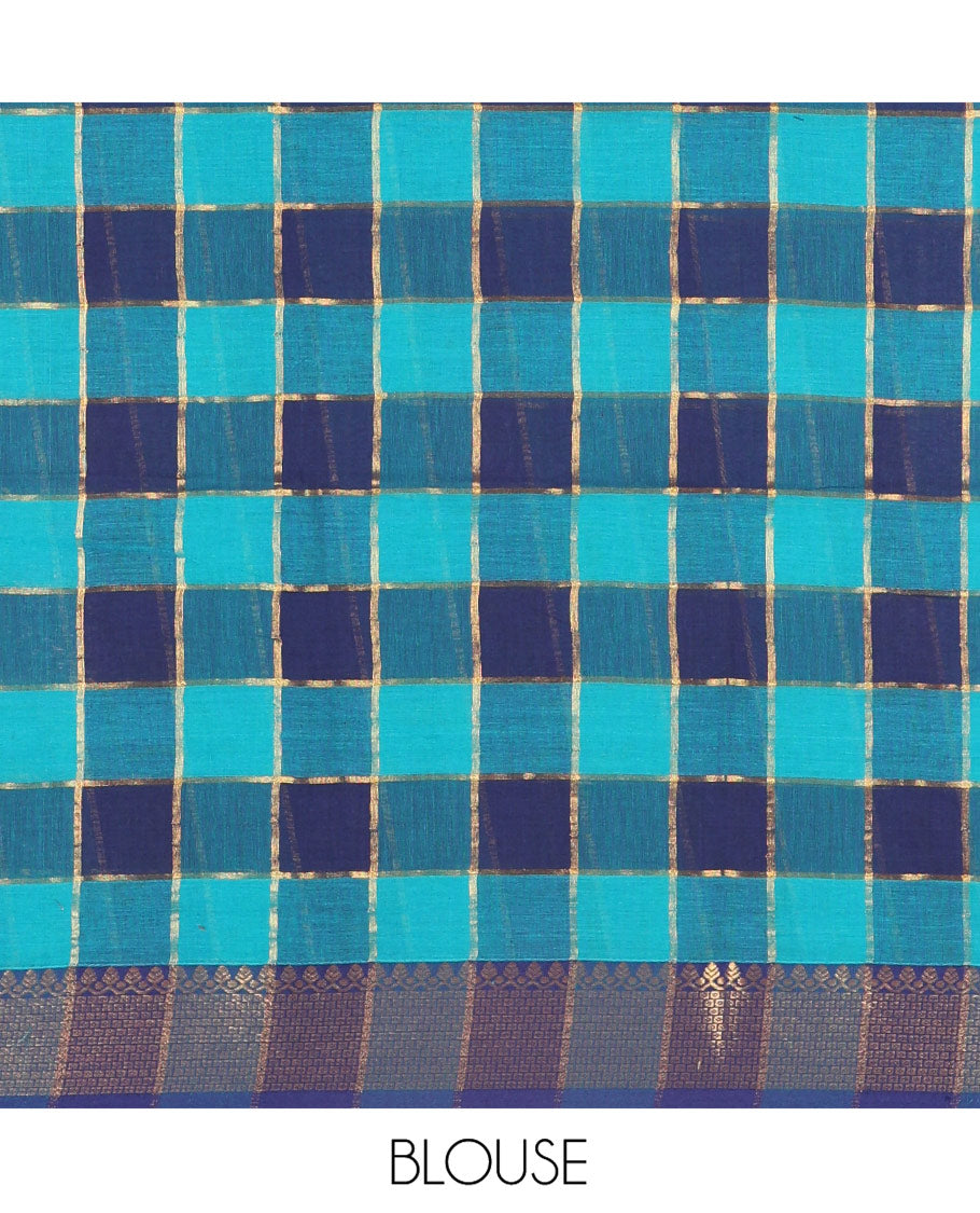 Blue Checked Khadi Mul Cotton Saree, Highlighted by Zari Traditional Border, Zari Checked Pallu, and Paired with a Matching Blouse