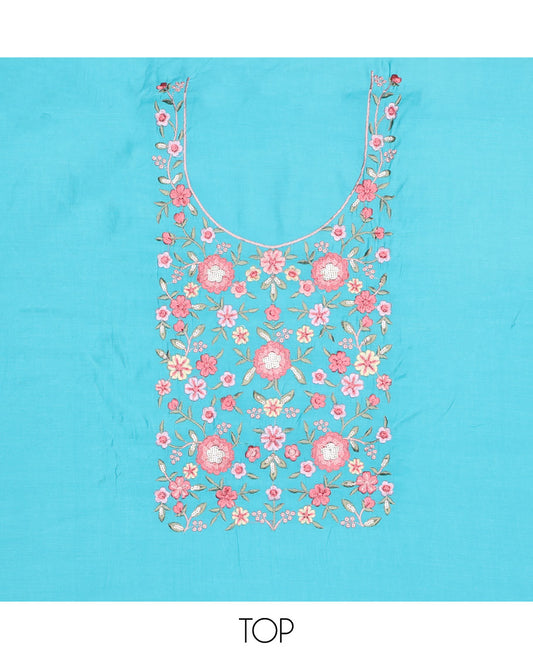 Blue chududhar material set, floral embodered top, plain & floral embroidery with lace border dupatta