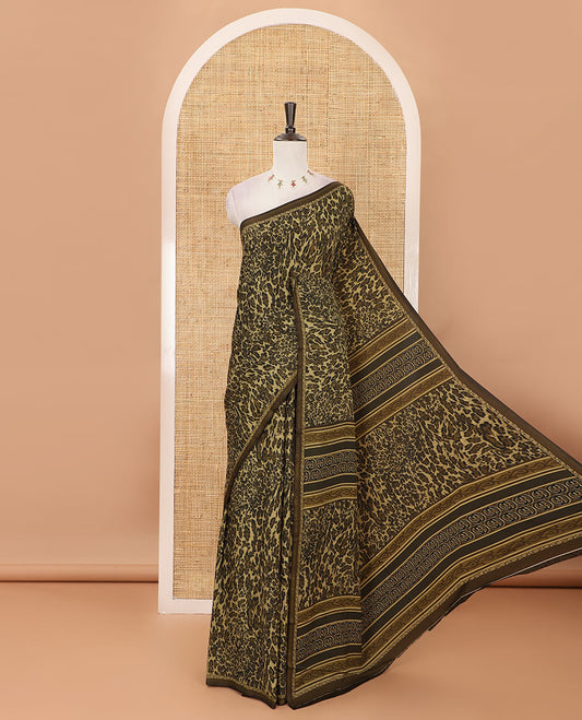 Olive green leopard animal-skin-style printed satin crepe saree, printed piping border & printed blouse