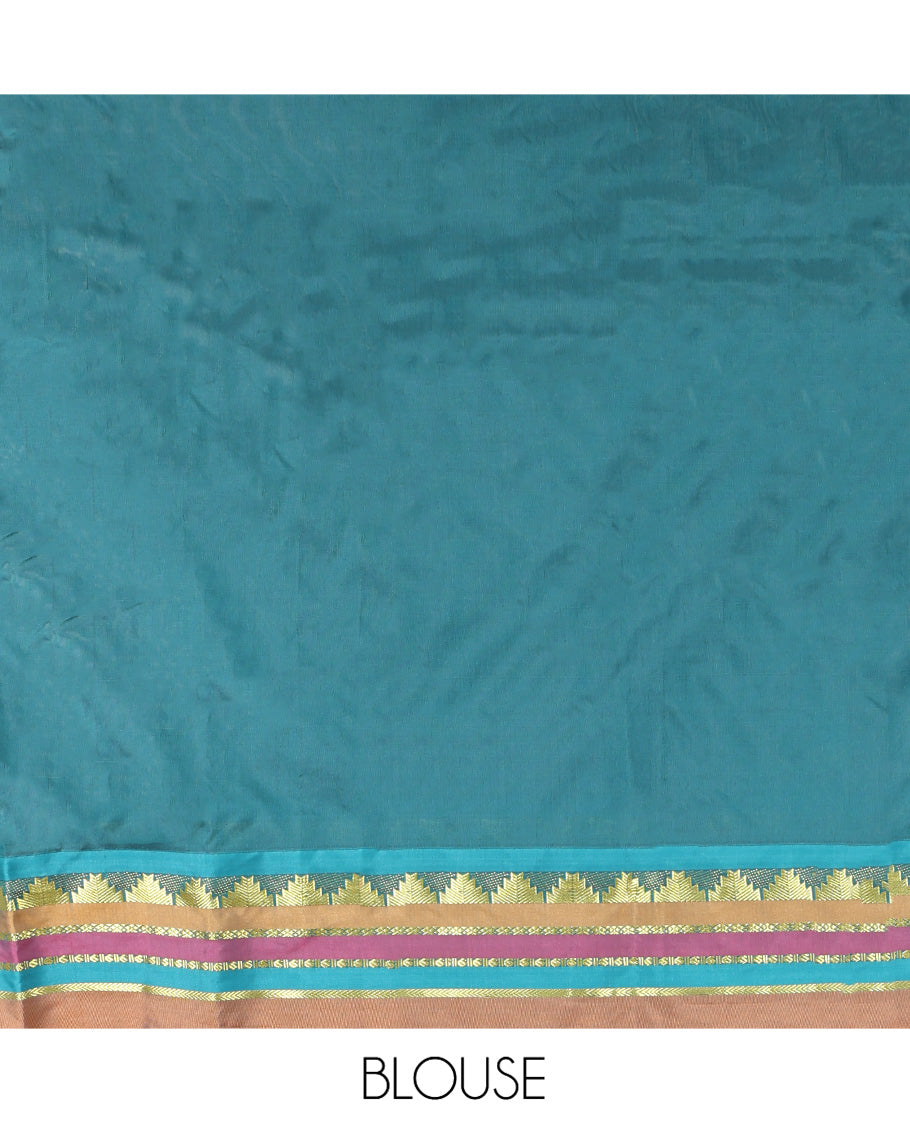 Blue Plain Aarani Gift Saree, Complemented by a Contrast Traditional Design Temple Border, Captivating Contrast Pallu of Stripes, and Paired with a Contrast Blouse