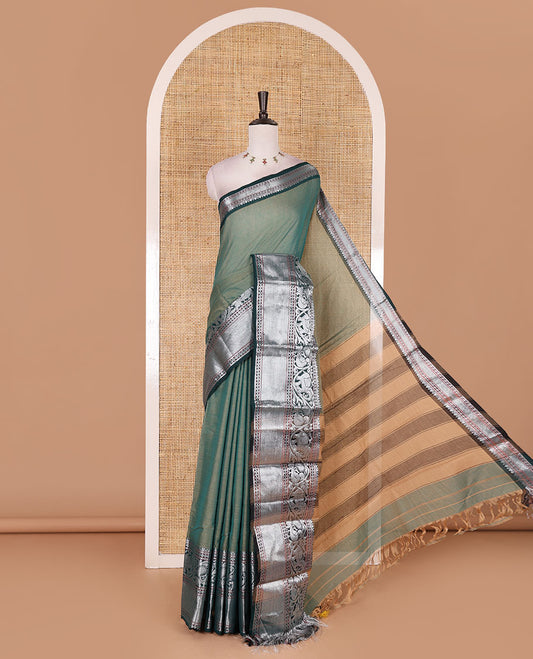 Green plain mercerised cotton saree, contrast traditional zari border of elephant and peacock designs, striped pallu, and plain blouse
