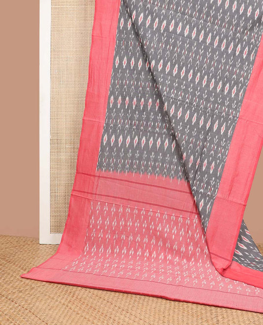 Grey geometric design ikkat cotton saree with contrast border & intricate design pallu