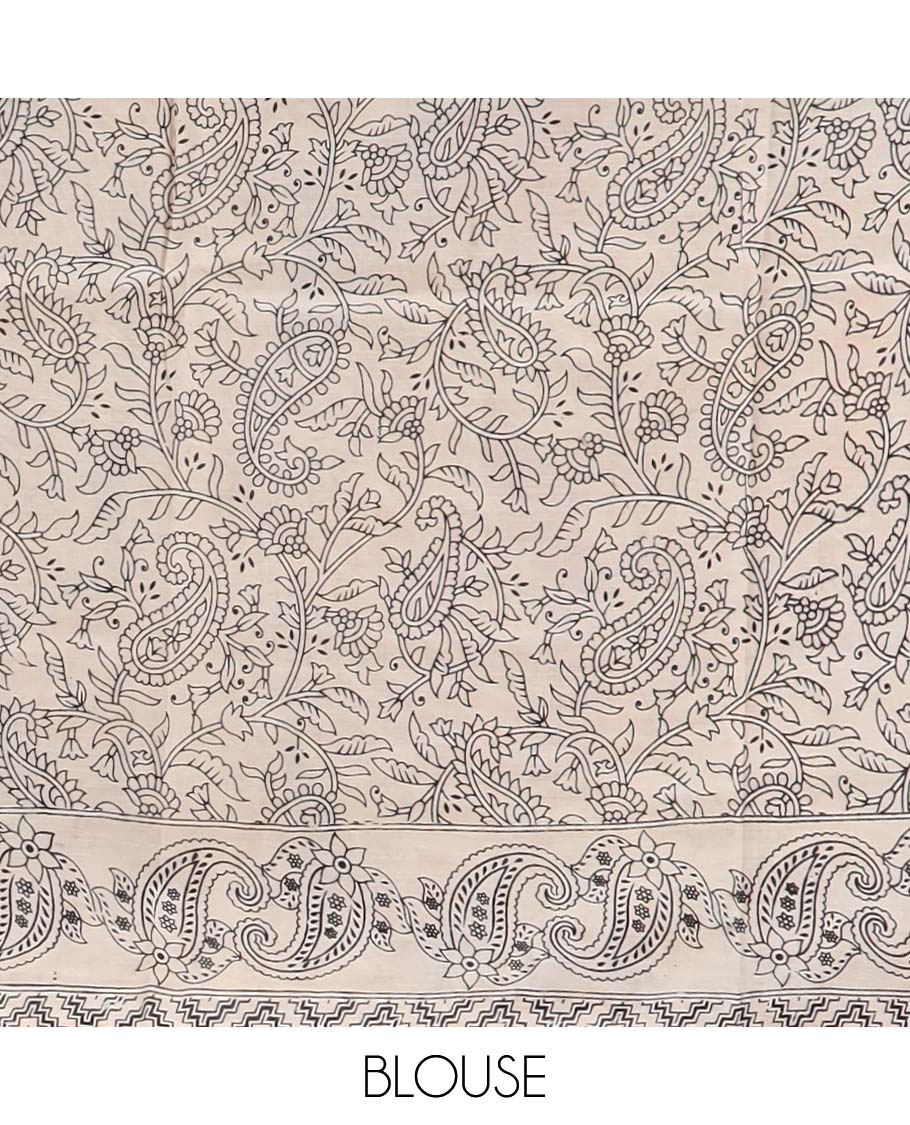 Yellow floral vine design machine printed kalamkari cotton saree with contrast floral border & pallu of peacock design