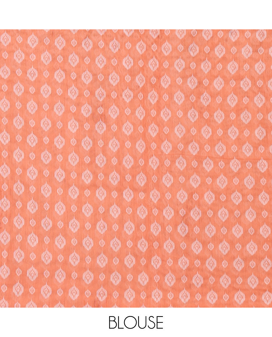White and orange musical note motifs printed Chanderi cotton saree, zari piping border, geometric printed pallu, and a unique motifs printed blouse