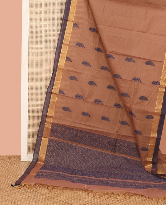 Brown Kanchi Cotton Saree, Sparsely Woven with Leaf Buttas All Over Its Body, Complemented by Contrast Border, Pallu Depicts Jaal and Peacock Designs, and Paired with a Matching Blouse