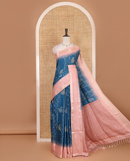 Blue floral, manga and striped katan silk saree, contrast rettai pettu temple border of diamond and Greek key design, jaal pallu, and contrast printed blous