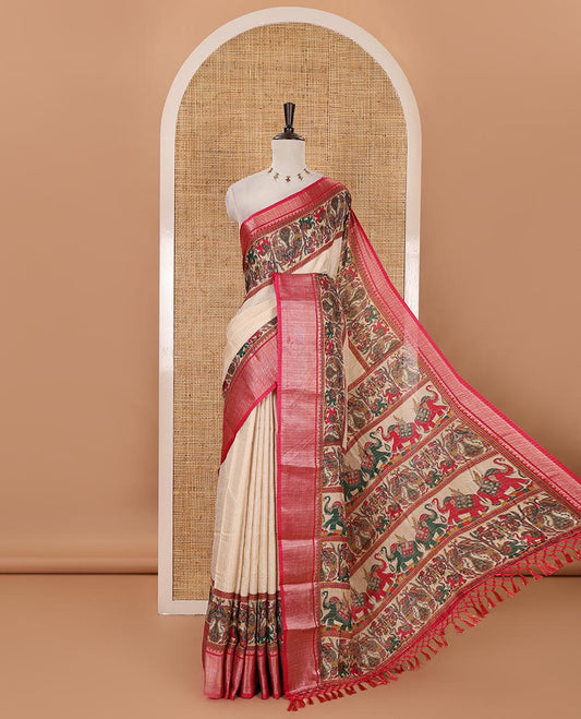 Chikku zari striped & printed dola silk saree, contrast rani pink traditional zari border & pallu of elephant & peacock print & contrast printed blouse