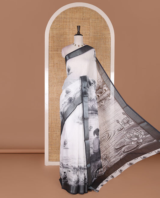 White natural scenery painting style printed linen cotton saree with contrast bavanji border, scenery printed pallu, and printed blouse