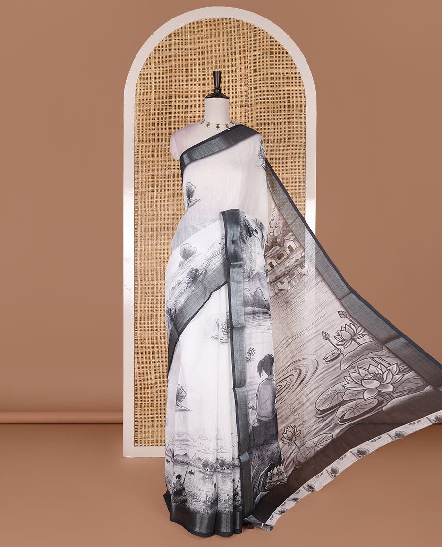 White natural scenery painting style printed linen cotton saree with contrast bavanji border, scenery printed pallu, and printed blouse