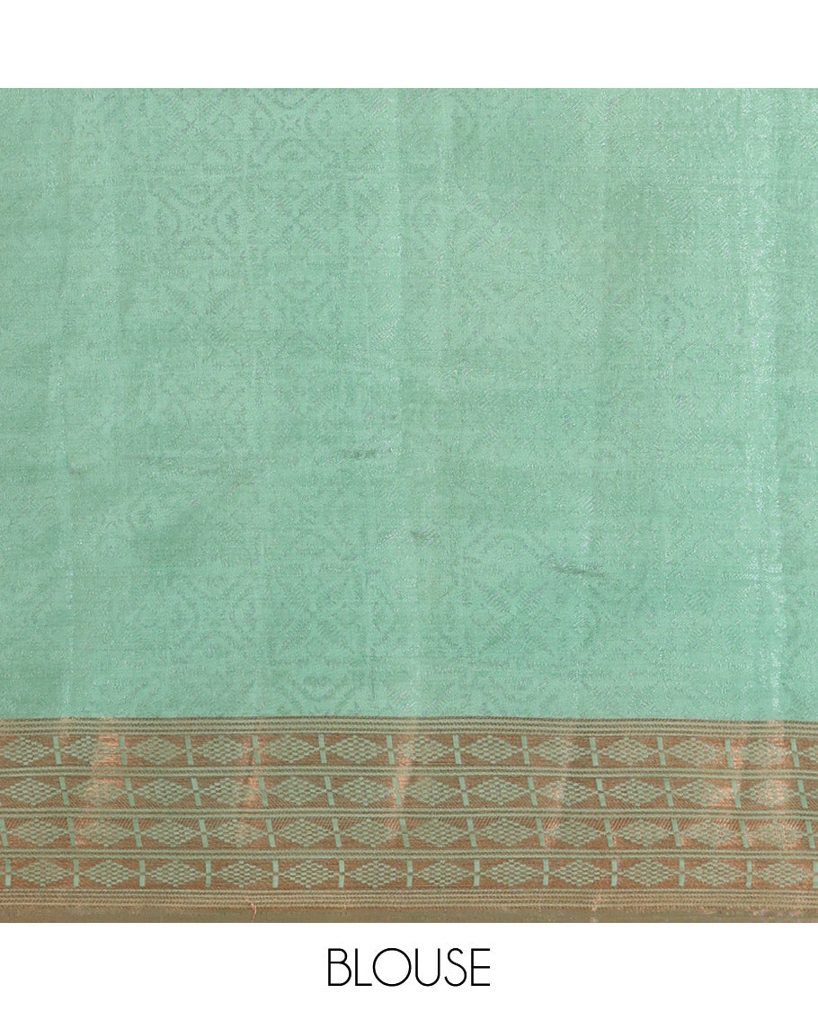 Green embossed thread weave art tussar saree, copper zari border & pallu of intricate designs