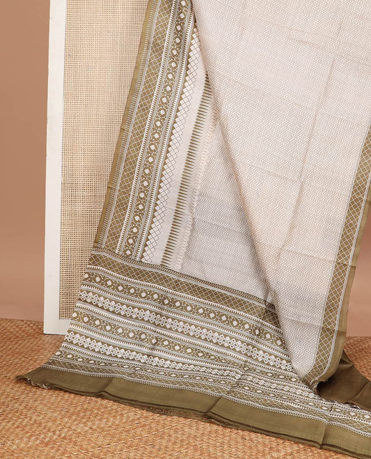 White chevron design printed silk saree with contrast geometric design border & geometric design pallu