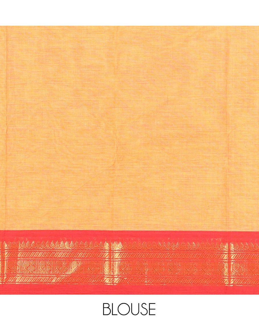 Mustard Plain Chettinad Cotton Saree, a Contrast Kal Eragina Traditional Ganga-Jamuna Border, Striped Pallu, and a Matching Blouse