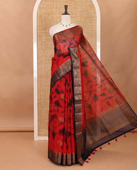 Red all over zari butta with shibori-style printed jute cotton saree, contrast zari border, zari line weaving pallu & contrast blouse