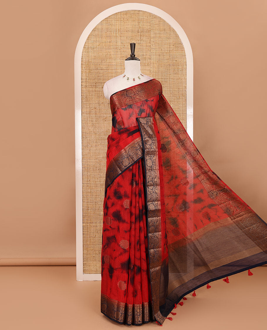 Red all over zari butta with shibori-style printed jute cotton saree, contrast zari border, zari line weaving pallu & contrast blouse