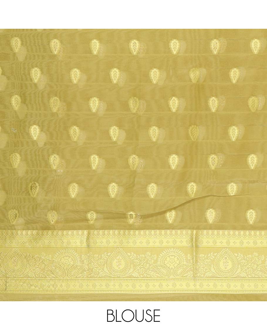 Cream with green thread weaving, zari butta banaras brasso saree with contrast thread border & thread weaving pallu along with butta design blouse