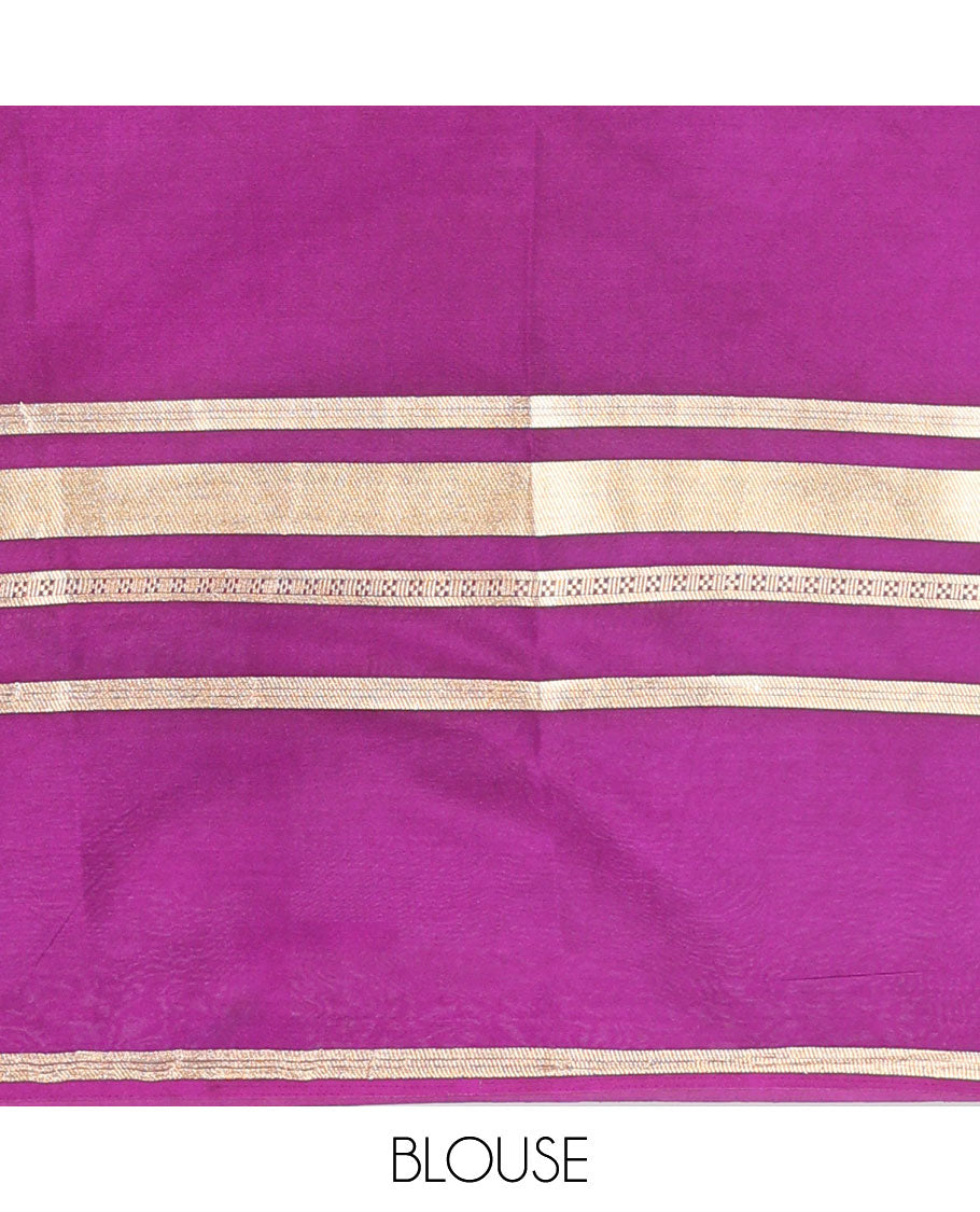 Pink floral vine design art mysore silk saree with contrast striped border & pallu zari striped design