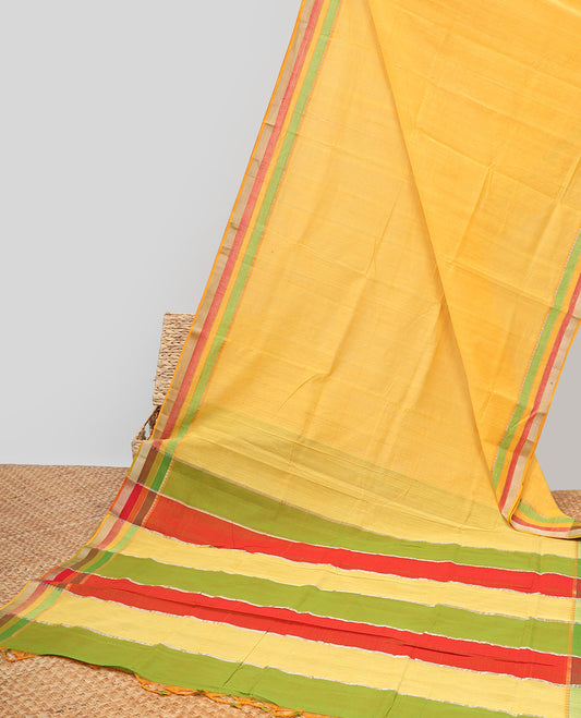 Yellow mangalagiri cotton saree with contrast striped border & multi-color striped pallu
