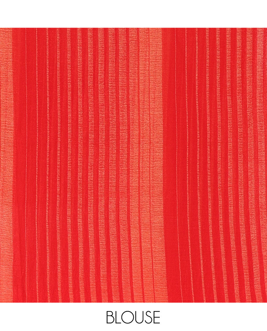 Borderless Red Lightweight Chiffon Saree, Subtly Printed with Stripes on Its Body, Self-Pallu of Stripes, and Paired with a Matching Blouse